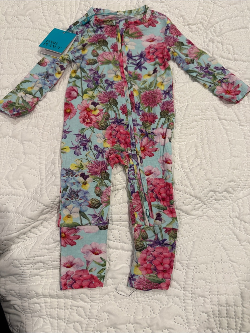Posh Peanut Light Blue Floral Zip Pajamas with Pink & Purple Flowers